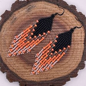 Seed Bead Fringe Dangle Earrings Coral Peach Black Glass Beads Beadwork Long
